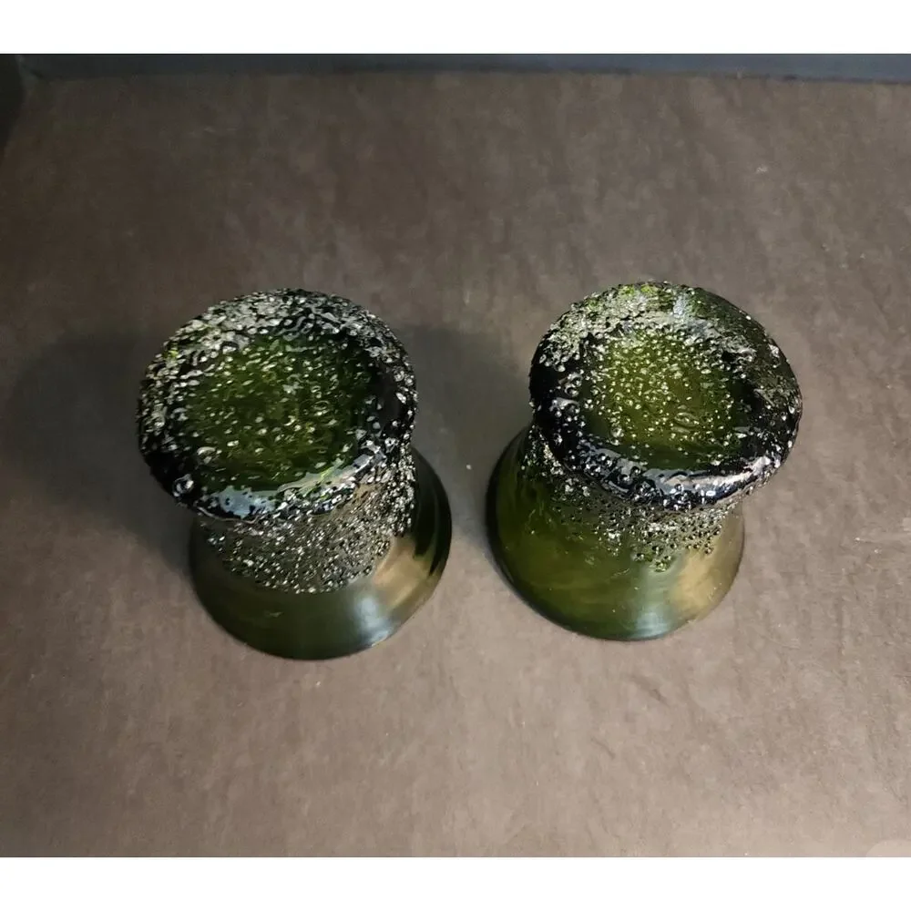 Hand Blow Art Glass Frit Overshot Green 2 Votive Candle Holders, Vases, Juice